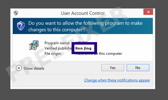 Screenshot where Ren Jing appears as the verified publisher in the UAC dialog